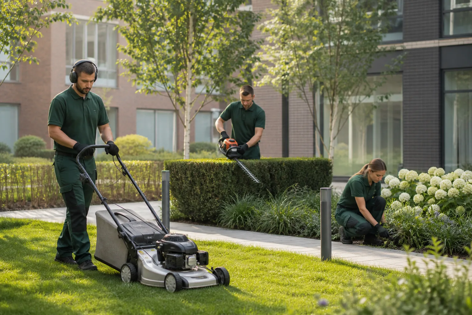 Grounds maintenance team working outside a London development