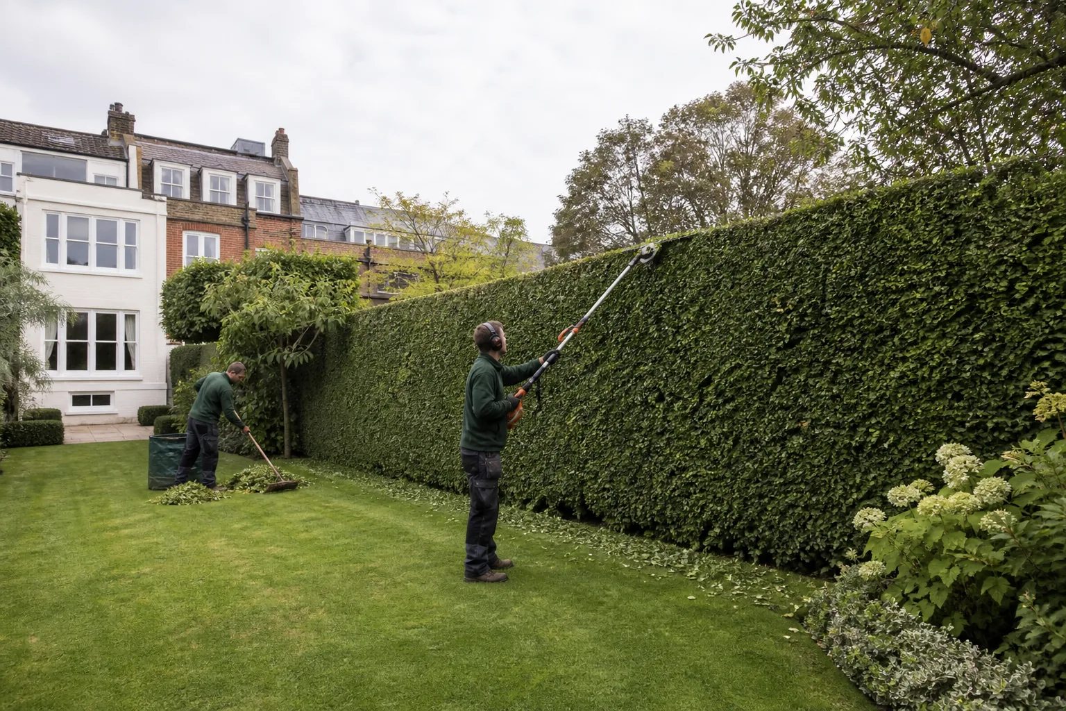 Gardeners trimming a tall hedge in a London garden