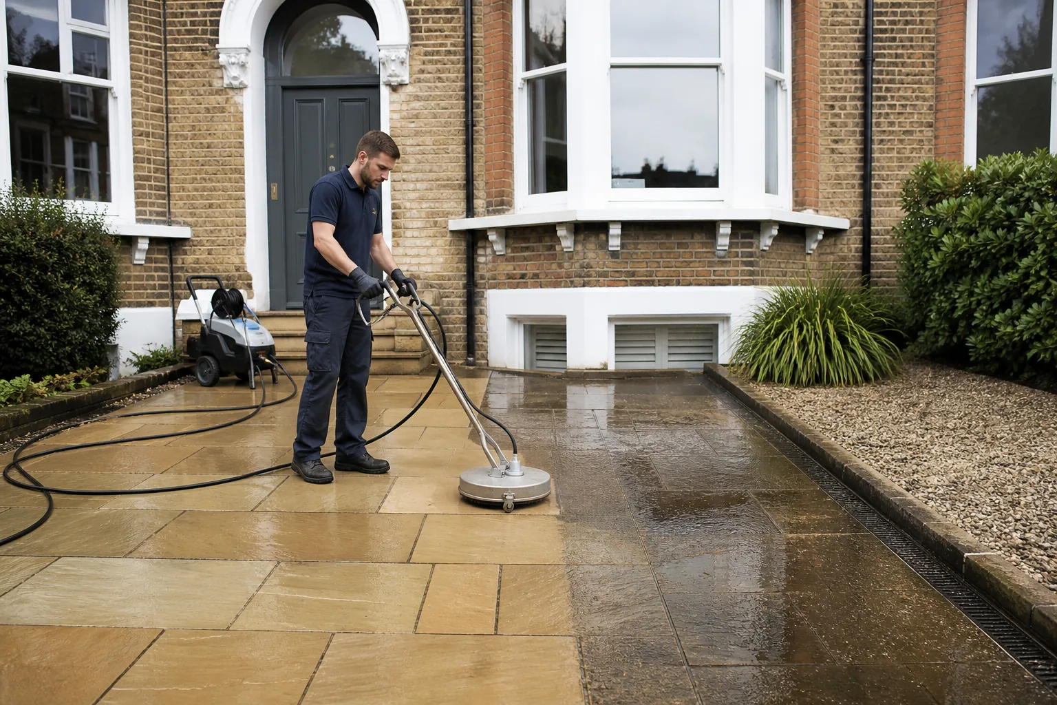Professional pressure washing a London townhouse driveway