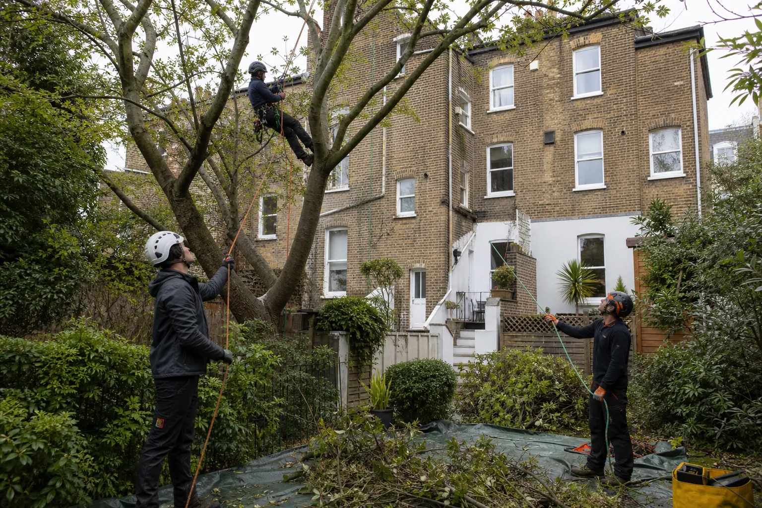 Arborist team carrying out controlled tree pruning in a London garden